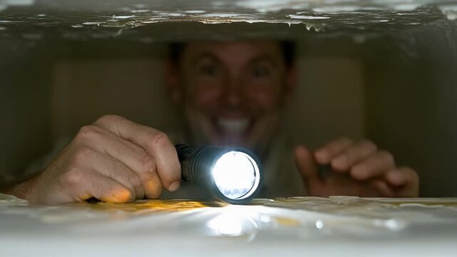 selective focus man with flashlight exploring hard-to-reach area