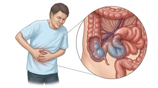 Man experiencing severe abdominal pain due to intestinal obstruction and ischemia
