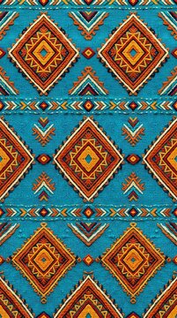 Seamless tribal pattern with geometric diamond shapes and ethnic embroidery style on a blue textured background