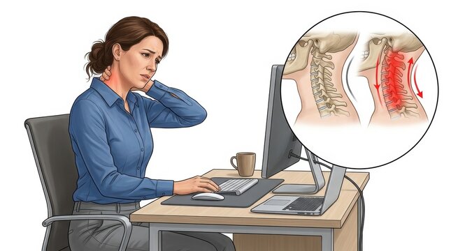 Woman experiencing neck pain while working at a computer with anatomical illustration