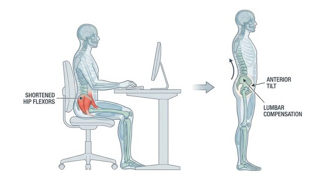 Illustration showing the negative effects of prolonged sitting on posture and hip flexors