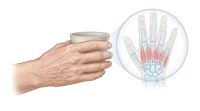 Close-up of a hand holding a cup, with an inset showing hand muscles and bones