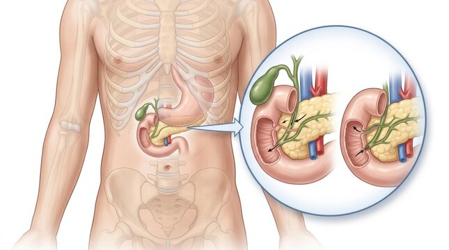 Anatomical illustration of the pancreas, gallbladder, and duodenum with bile duct detail