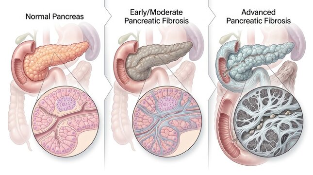 Comparison of normal pancreas to stages of pancreatic fibrosis with cellular detail