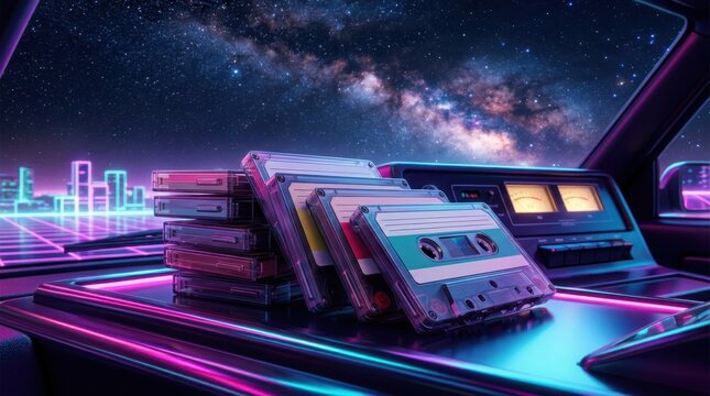 Retro cassette tapes in a vintage car, with a neon city and starry sky background.
