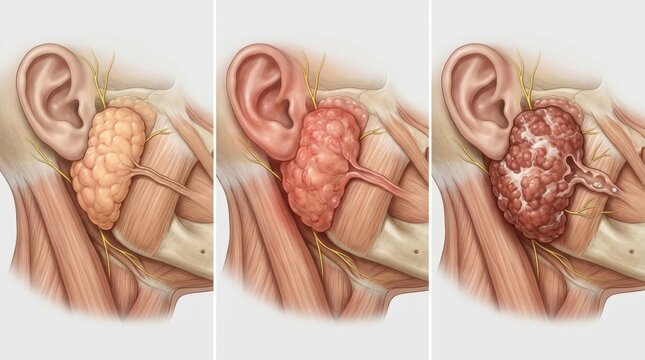 Progression of parotid gland swelling and inflammation shown in anatomical illustration