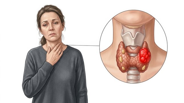 Woman experiencing thyroid discomfort with a close-up view of a diseased thyroid gland