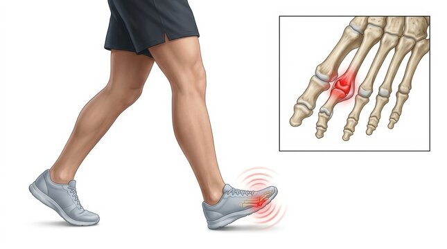 Runner's foot pain illustration showing inflamed metatarsal joint and bone structure