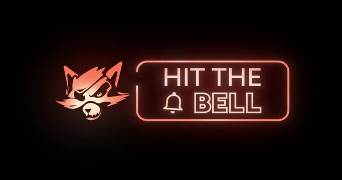Neon orange fox mascot logo with 'Hit the Bell' notification text animation on black background. Glowing call to action overlay for YouTube gaming streams and esports channels.