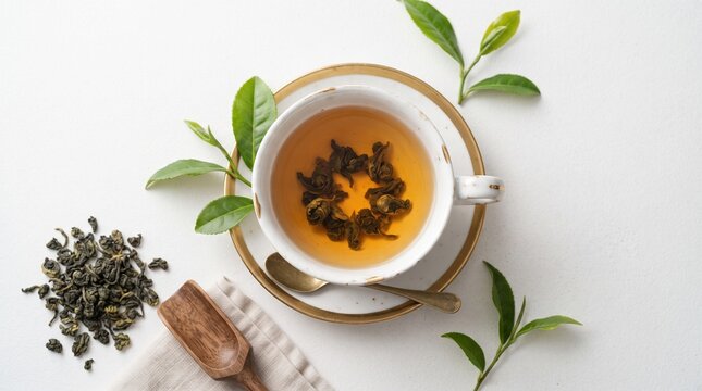 top view of brewed oolong green tea in a porcelain cup surrounded by fresh tea leaves, dried tea pearls, and wooden scoop