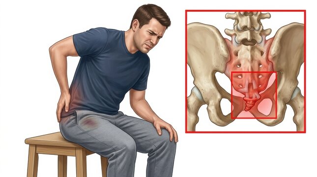 Man experiencing lower back pain and showing a detailed illustration of the sacrum