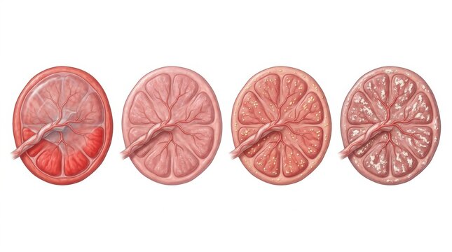 Illustration showing stages of placental calcification and degeneration over time
