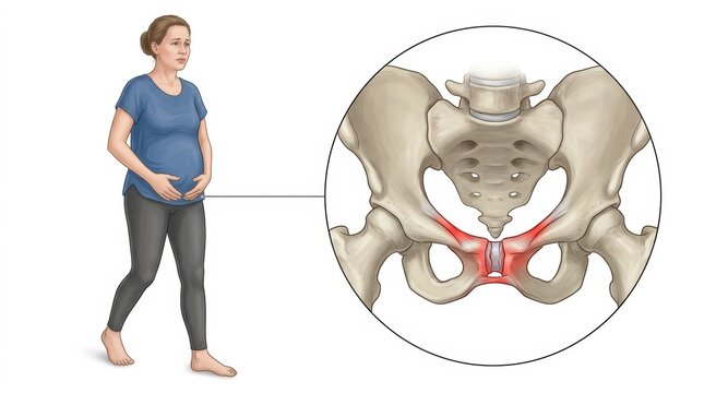 Pregnant woman experiencing pelvic pain due to symphysis pubis dysfunction