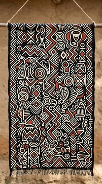 Traditional african mud cloth textile with intricate geometric patterns and tribal symbols