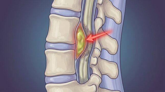 Illustration of a herniated disc pressing on the spinal cord and nerves