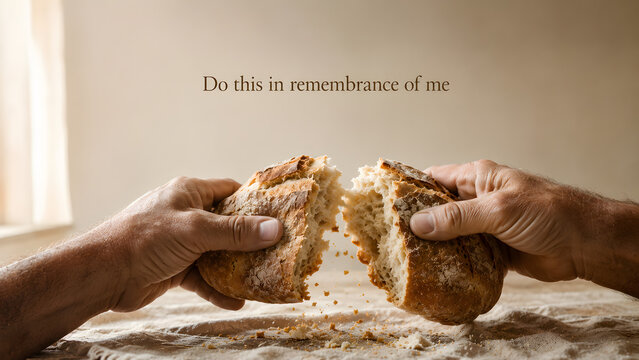 Hands breaking a loaf of rustic bread, closeup, symbolic of the last supper, religious concept of communion, spiritual reflection, warm lighting