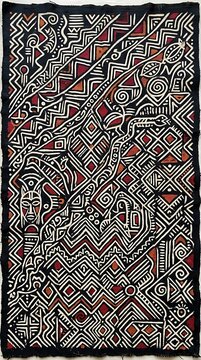 Traditional african mud cloth textile with intricate geometric patterns and symbolic figures