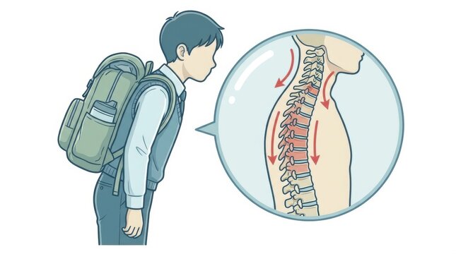 Student with heavy backpack showing poor posture and spinal strain illustration