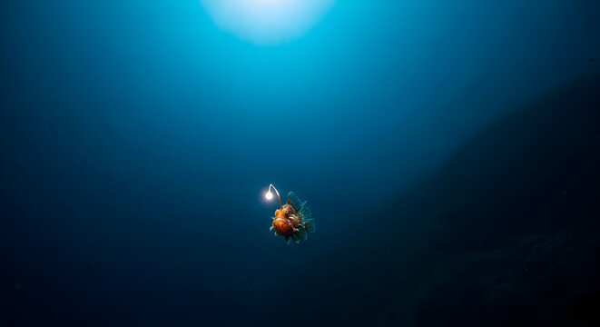 Small anglerfish with glowing lure in deep dark ocean water