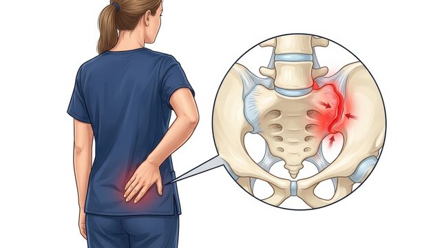 Illustration of a woman experiencing lower back pain with a detailed view of sacroiliac joint inflammation