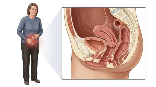 Woman experiencing pelvic pain, illustration of female pelvic organs and prolapse