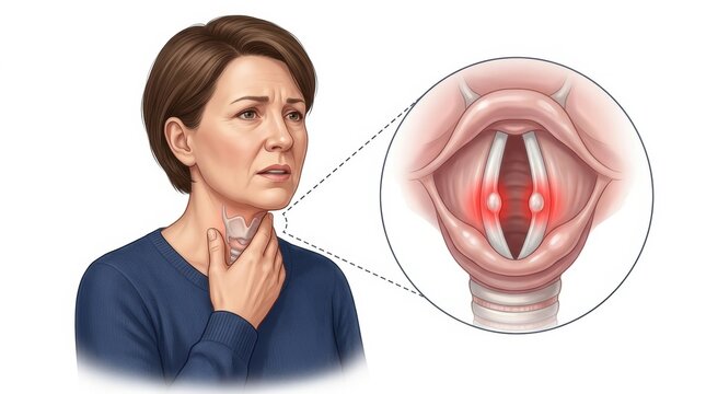 Woman experiencing throat pain with illustration of vocal cord nodules