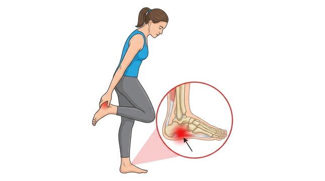 Woman experiencing heel pain with anatomical illustration of plantar fasciitis