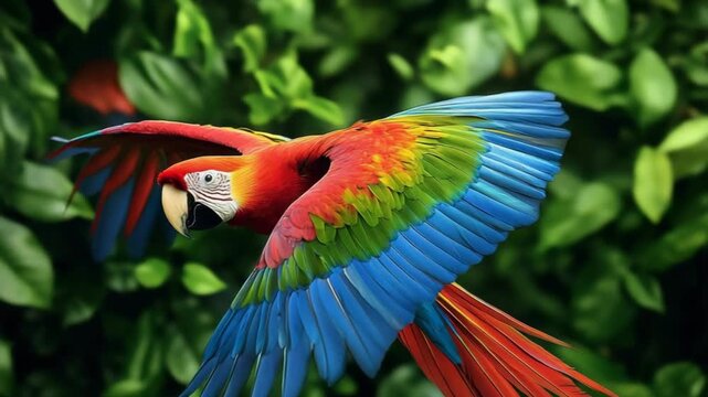 selective focus scarlet macaw flying through jungle light