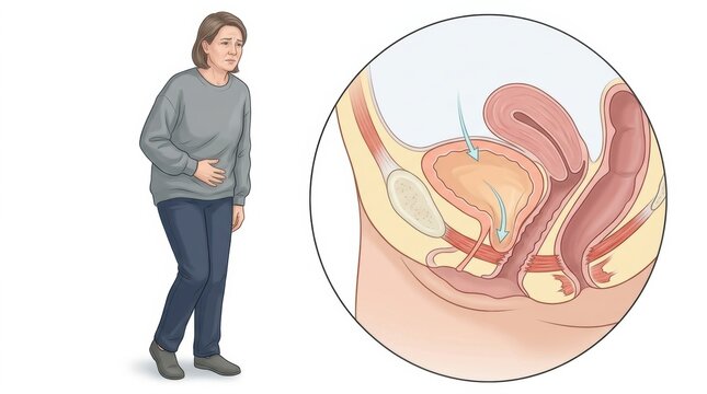 Woman experiencing bladder pain and discomfort with anatomical illustration