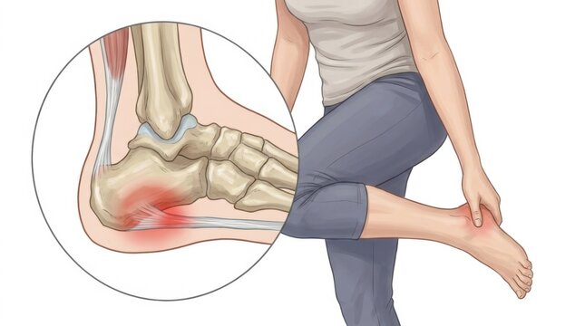Illustration of heel pain and plantar fasciitis anatomy with inflamed tissue