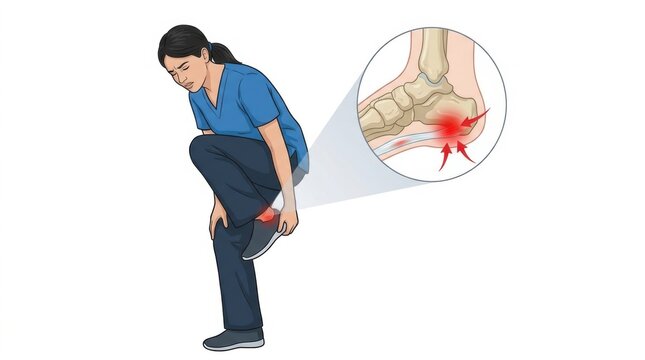 Woman experiencing heel pain with plantar fasciitis inflammation highlighted