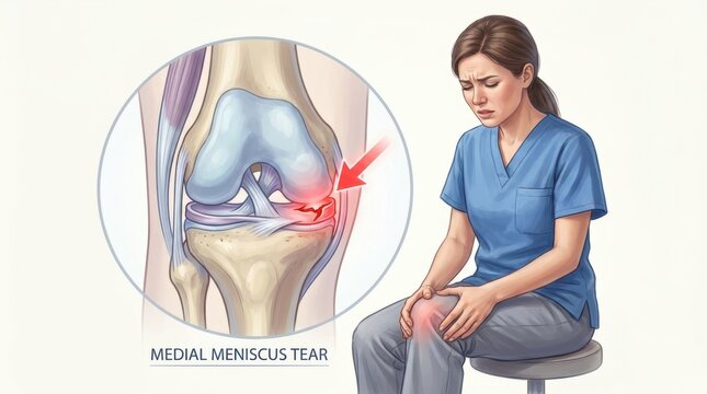 Woman experiencing medial meniscus tear pain with anatomical knee illustration