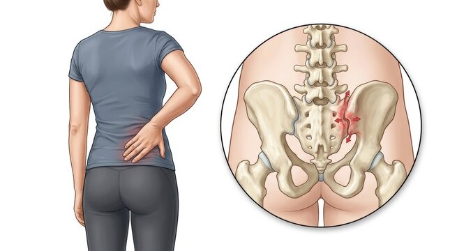 Woman experiencing lower back pain with detailed illustration of sacroiliac joint dysfunction
