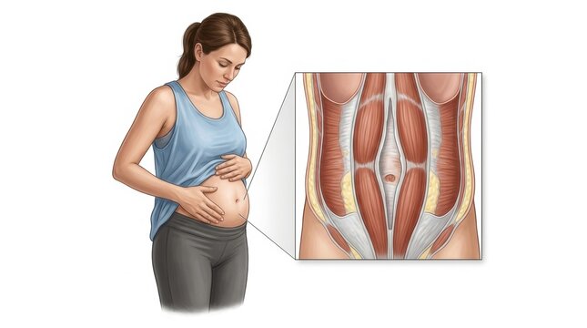 Illustration of a woman's abdomen showing diastasis recti and muscle anatomy