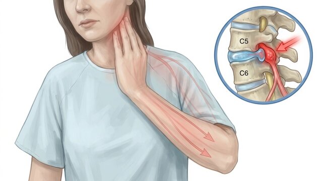 Illustration of cervical radiculopathy causing arm pain and nerve compression