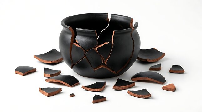 Broken black ceramic pot with jagged cracks and scattered shards, isolated on a plain white background, showing terracotta interior texture