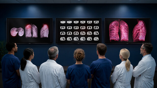 Generative AI clinical stock scene of a medical team discussing coherent lung imaging shown on three conference display panels.