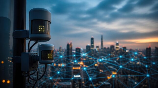 Surveillance cameras on a pole with a cityscape and digital network overlay.