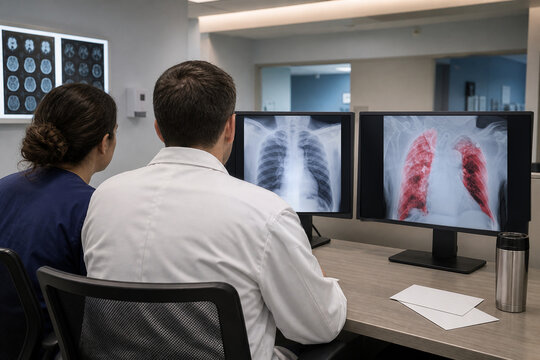 Generative AI clinical stock scene of two hospital staff members sharing a reading desk displaying coherent chest X-rays.