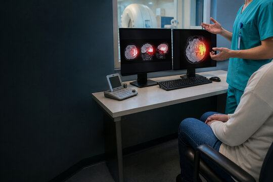Generative AI clinical stock scene of a technologist explaining brain MRI images to a patient beside a clinical console.