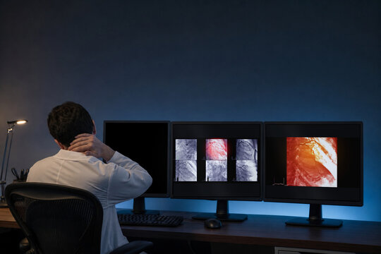 Generative AI clinical stock scene of a late-shift radiologist reviewing coherent coronary angiography on three diagnostic monitors.