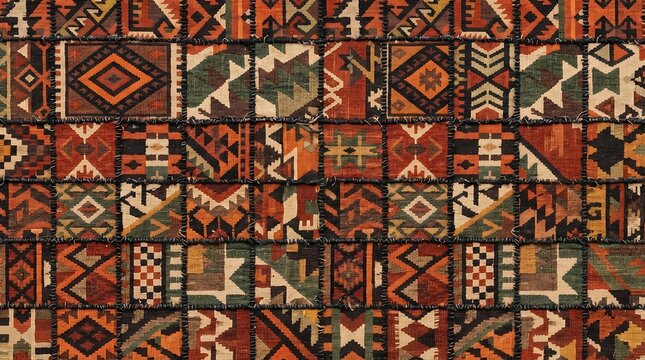 Patchwork carpet with traditional anatolian kilim patterns and geometric tribal motifs