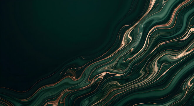 Abstract luxury dark green fluid marble background with glowing golden veins and copy space