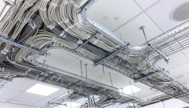 Network and electrical cables running along a metallic cable tray suspended from a drop ceiling