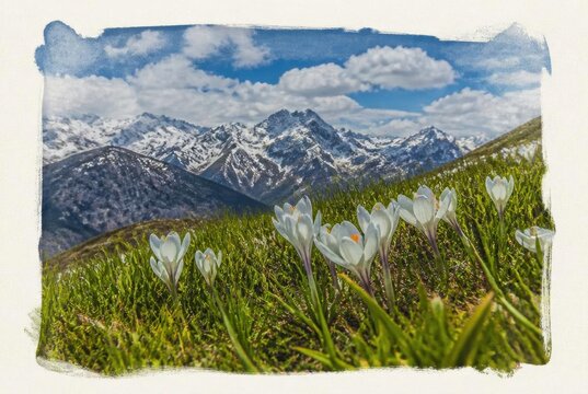 Watercolor effect of white crocuses in a grassy alpine field before snowy mountain peaks.