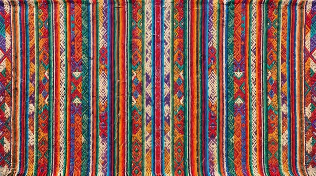 Colorful traditional woven textile pattern with vertical stripes and geometric andean motifs
