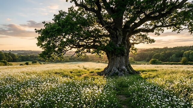 Large old oak tree in a grassy meadow at sunset