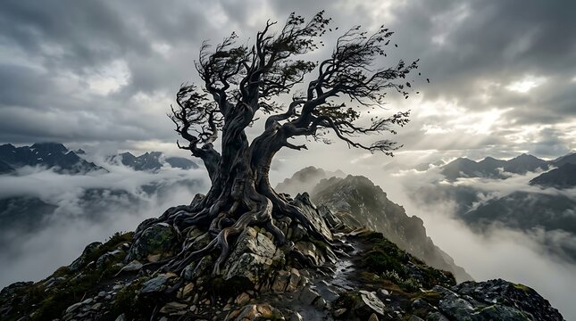 Lonely tree on a windy mountain peak in black and white