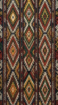 Intricate traditional kilim textile pattern with geometric diamond shapes and vibrant ethnic embroidery