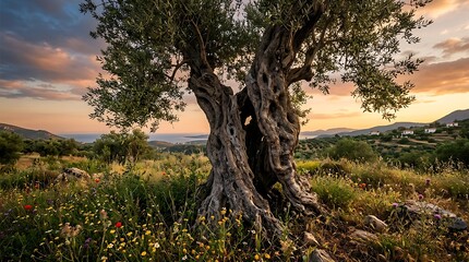 Fototapeta premium Ancient olive tree in a sunny field at golden sunset